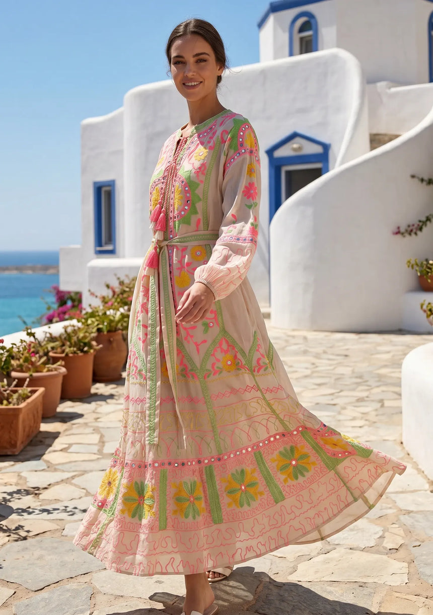 ibBan Pink Embroidered Cotton Maxi Dress | Women's Bohemian Resort Wear-Orla