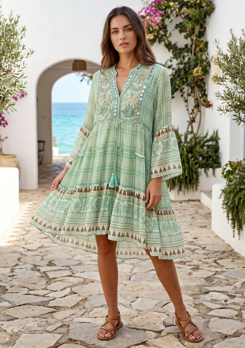 ibBan Mint Green Printed Cotton Short Tunic with Hand Embroidery - Cheka Short Tunic