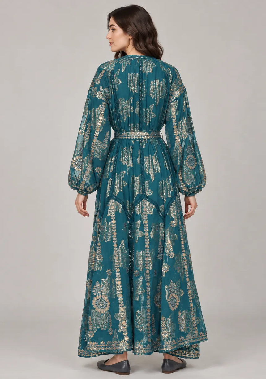 ibBan Floral Lurex Cotton Long Dress - Mavi