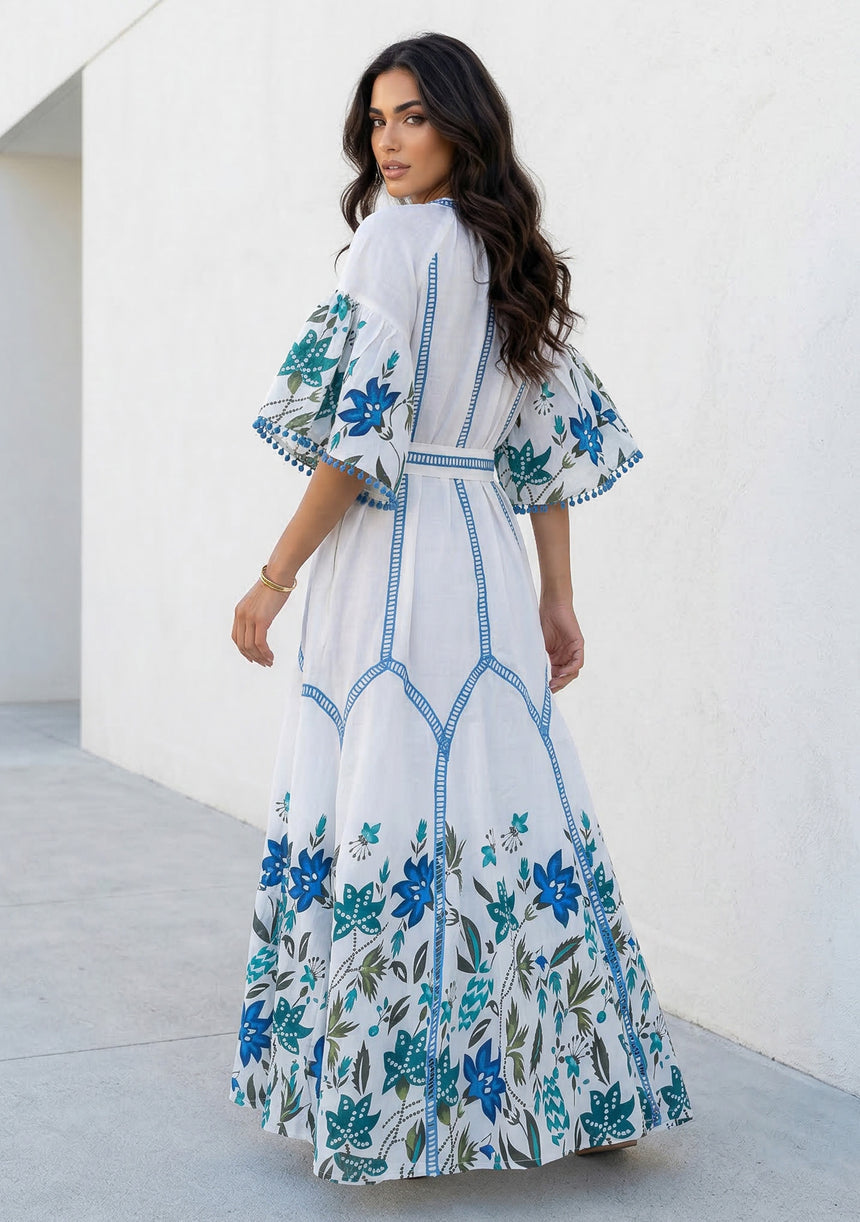 ibBan Blue Floral Hand Embroidered Cotton Long Dress - Imaani Long Dress