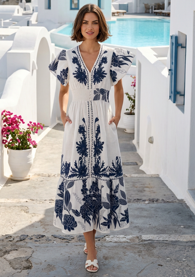 Women's Hand Embroidered Luxury Cotton Long Dress V- Neck - Yamira