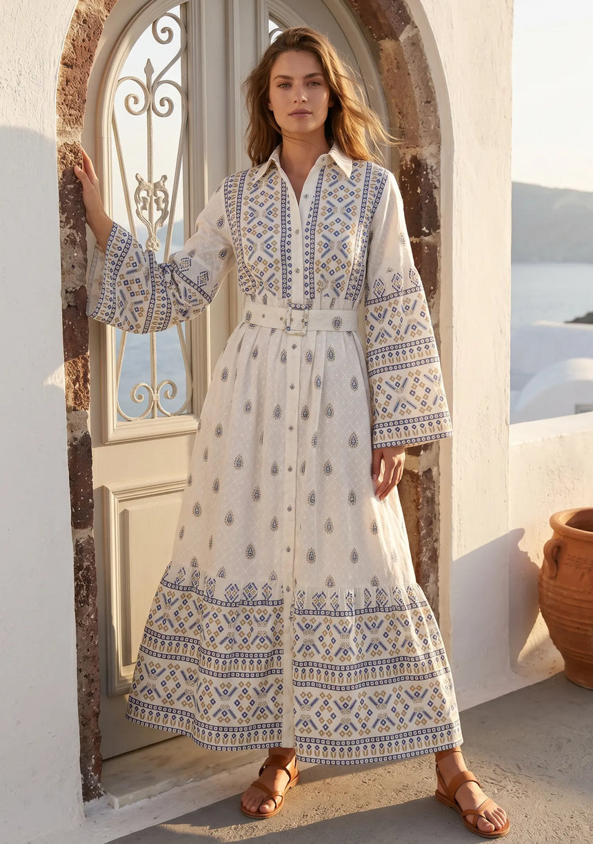 ibBan Printed Cotton Long Dress with Hand Embroidery -Eliza Long Dress