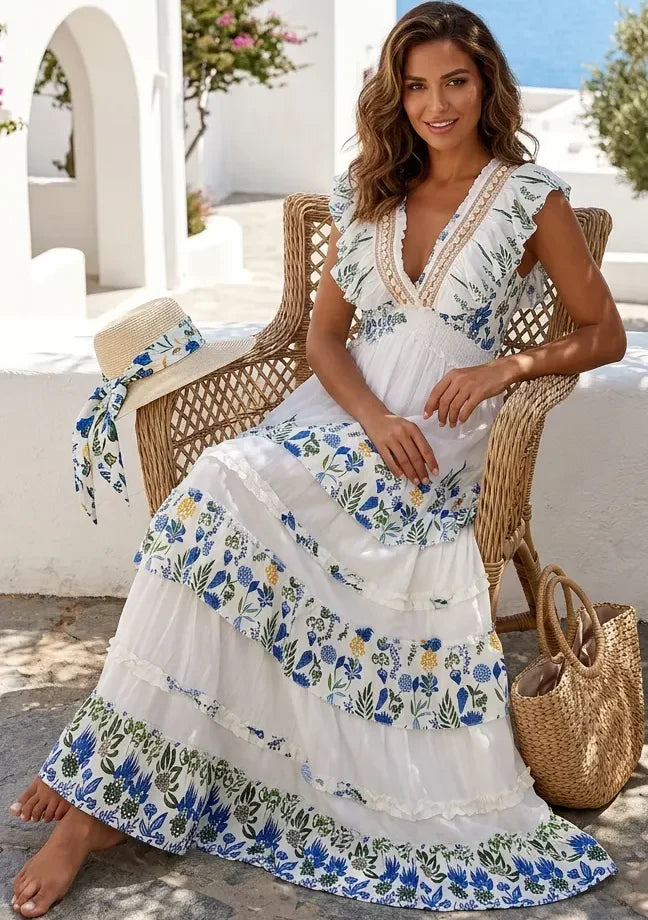 Vestido Largo de Algodón Bordado a Mano para Mujer con Cuello en V - Aina