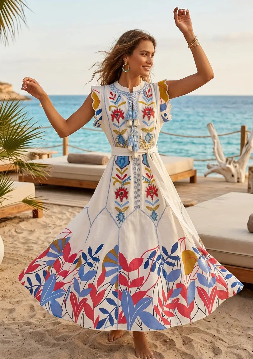 Vestido largo de algodón con cuello redondo para mujer - Barika