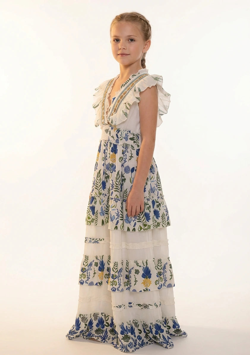 Vestido largo de algodón con cuello en V para niña - Aina