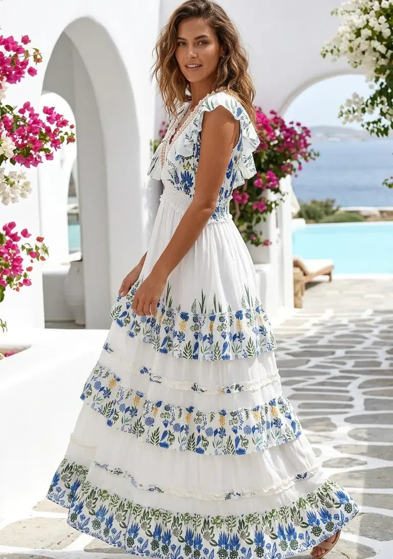 Vestido Largo de Algodón Bordado a Mano para Mujer con Cuello en V - Aina