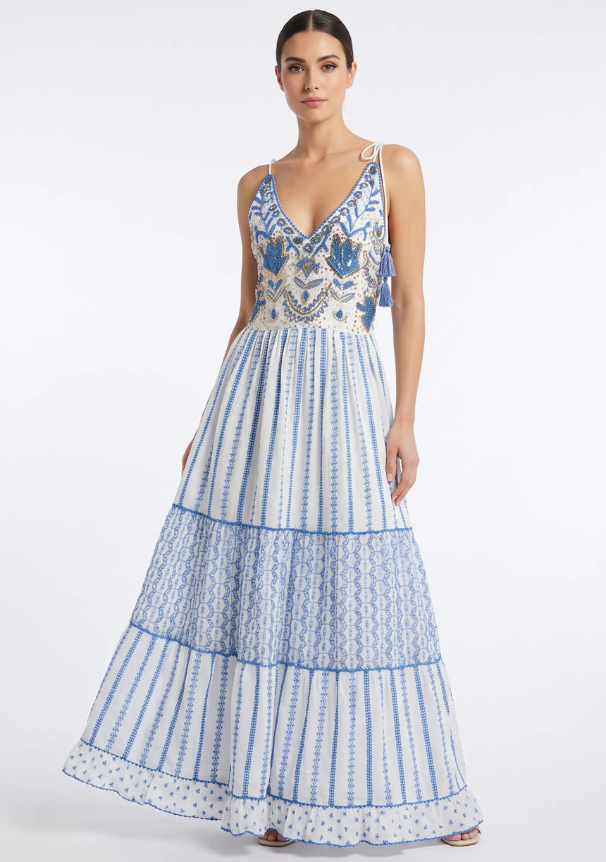 Robe longue à bretelles ibBan pour femme Basima | Broderie main | Paillettes | Taille unique