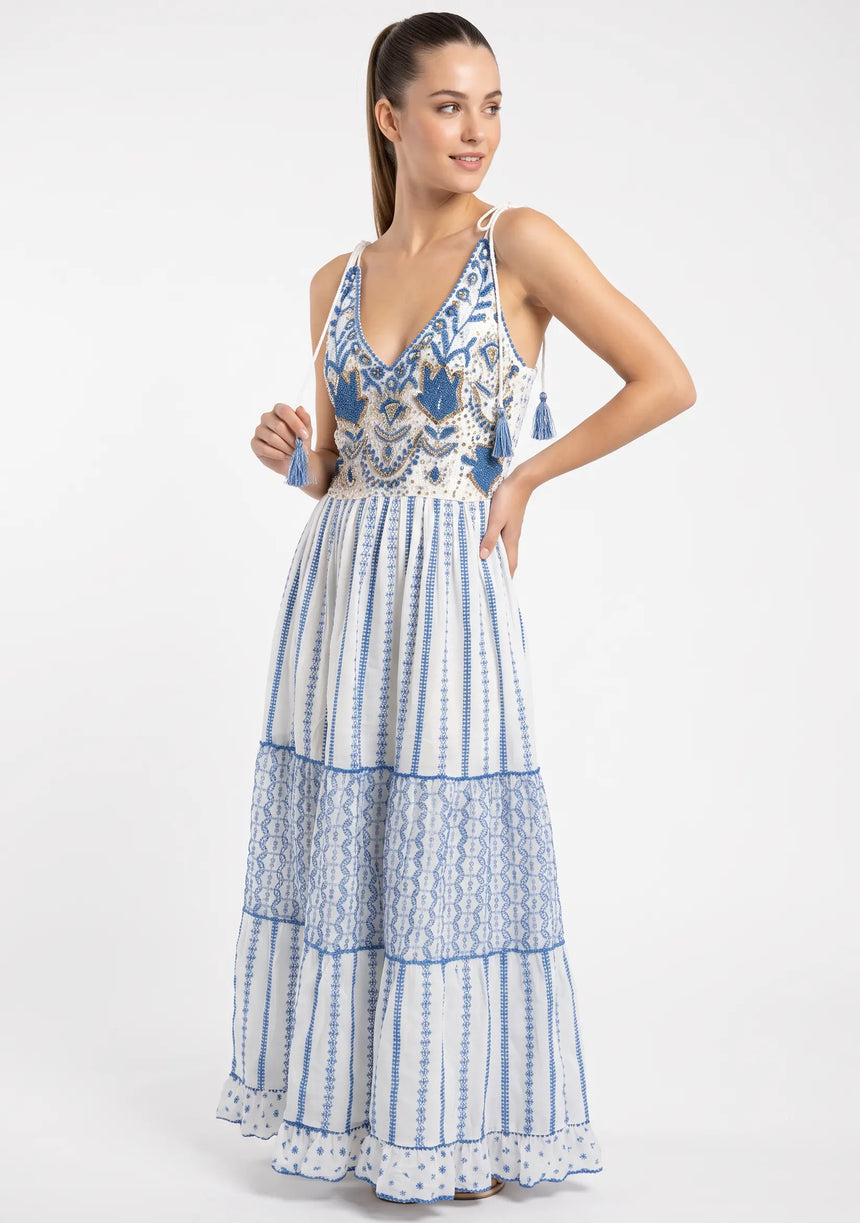 Robe longue à bretelles ibBan pour femme Basima | Broderie main | Paillettes | Taille unique