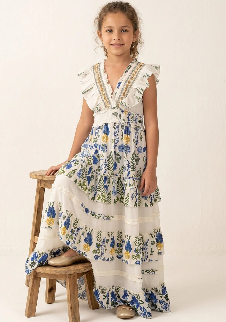 Vestido largo de algodón con cuello en V para niña - Aina