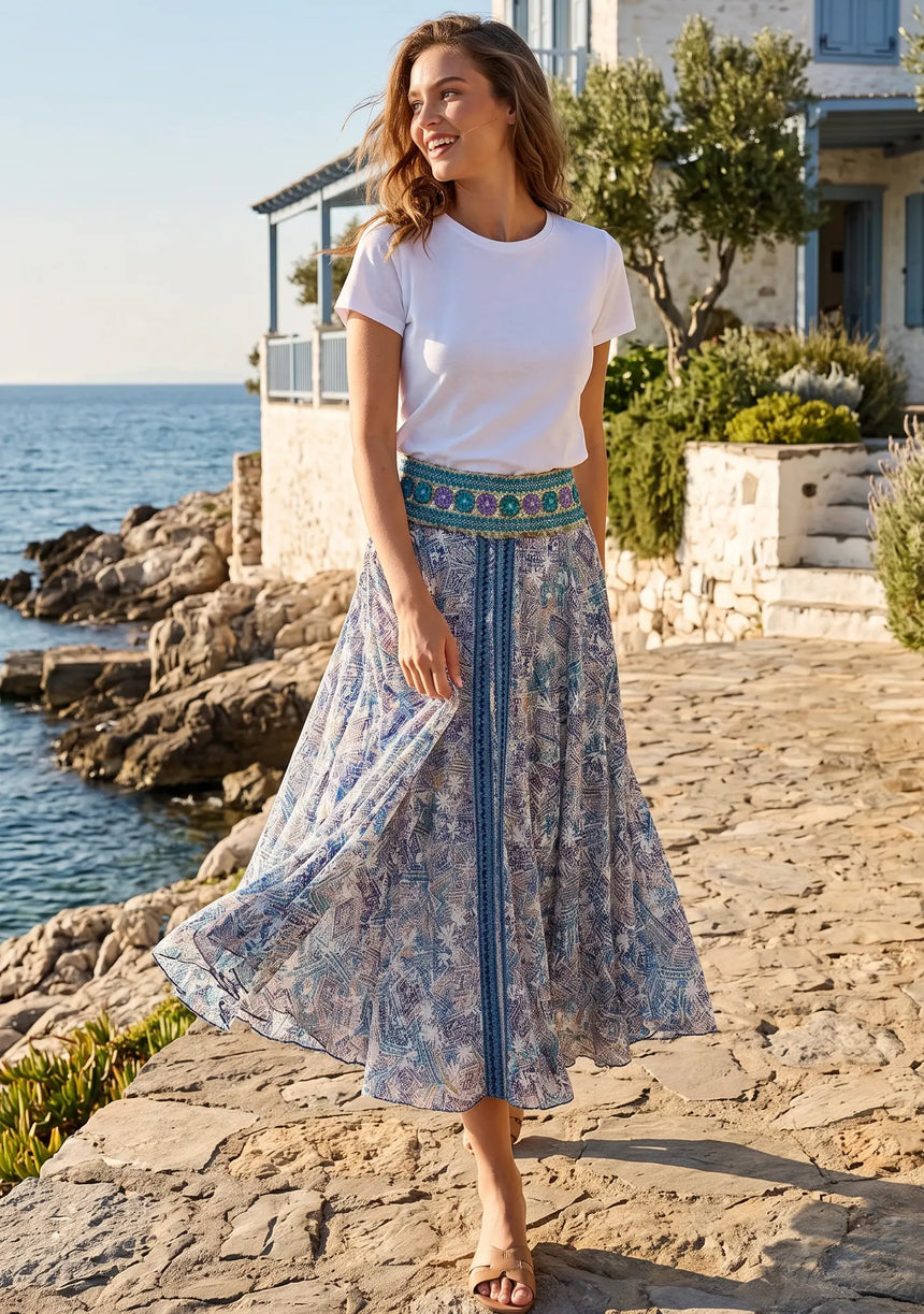 ibBan Printed Silk Denim Skirt | Luxury Women's Designer Skirt -Emme