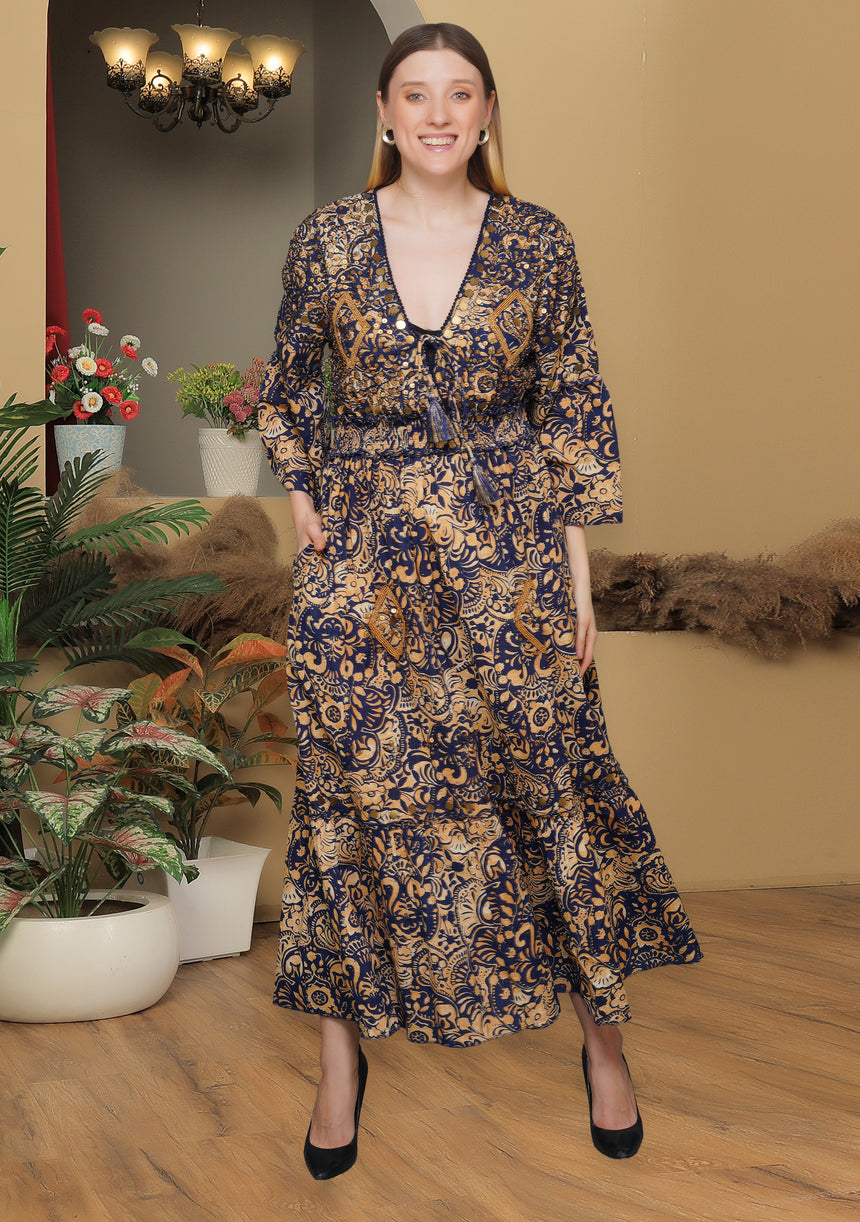 ibBan Printed Long Dress with Hand Embroidery | Women's Resort Maxi Dress - Maya