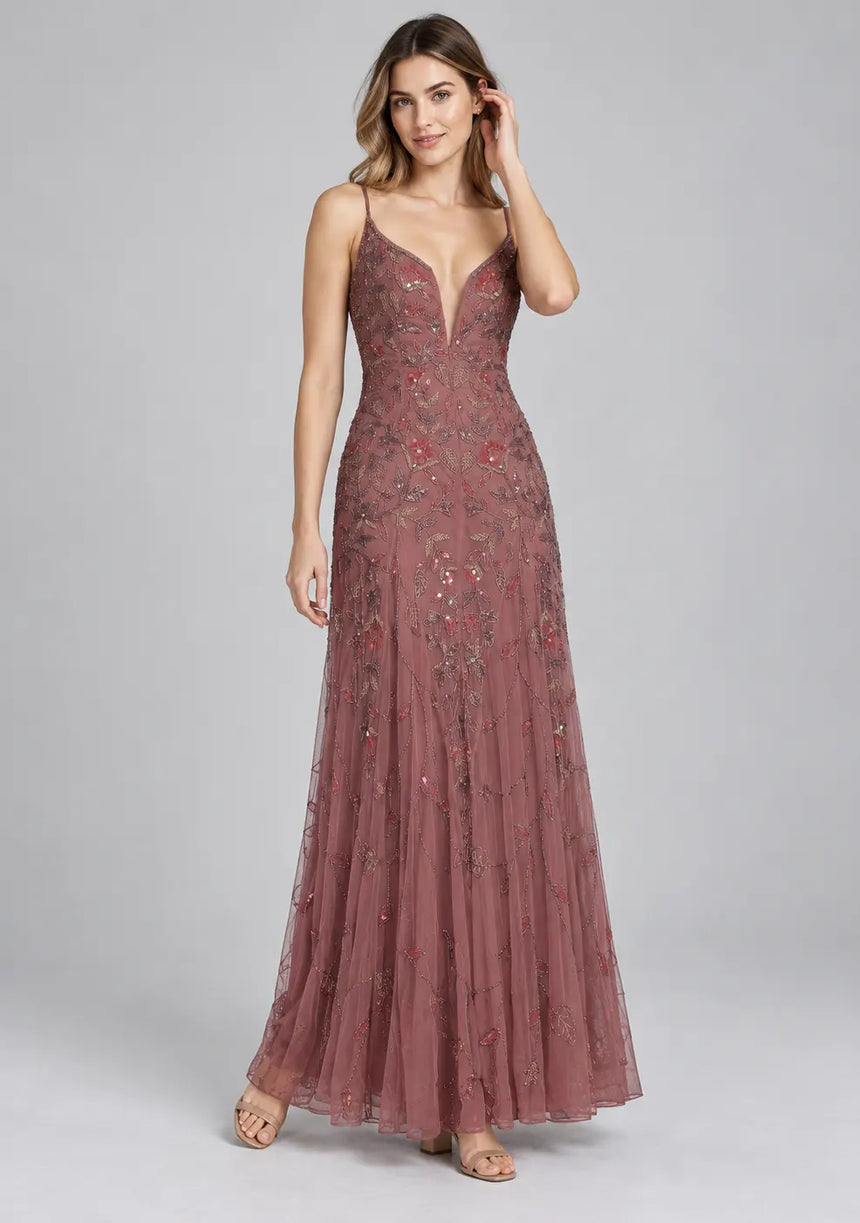 Dusty Rose Net Maxi Dress with Hand Embroidery - Fawzia