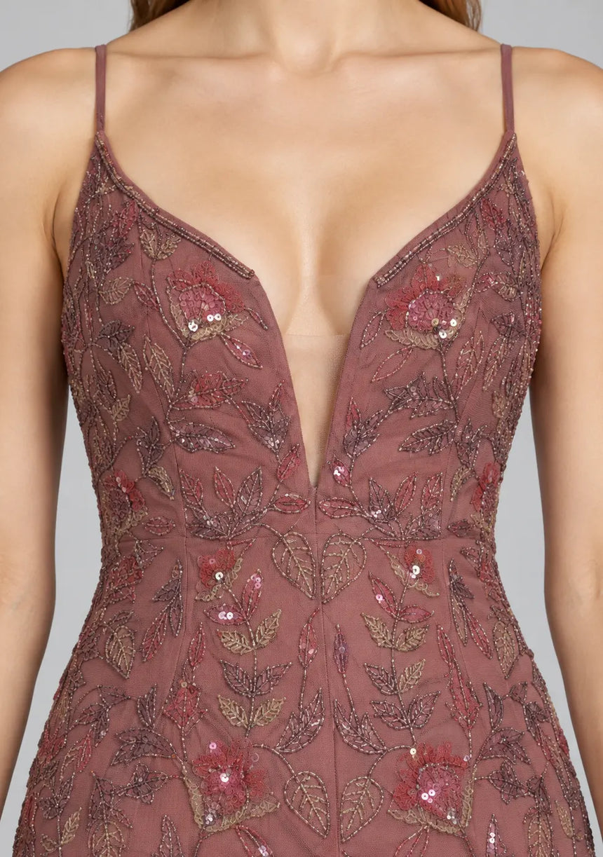 Dusty Rose Net Maxi Dress with Hand Embroidery - Fawzia