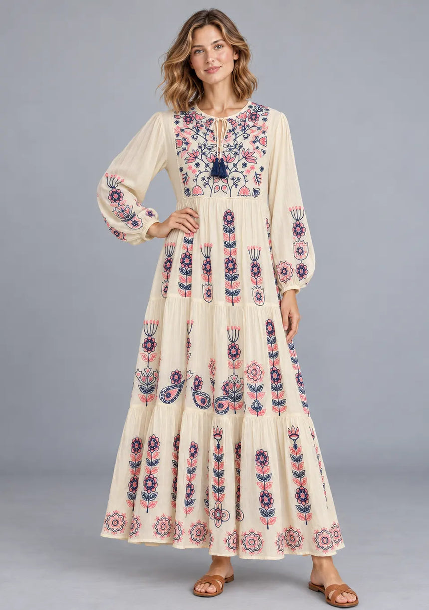ibBan Cotton Floral Embroidery Long Dress - Riza