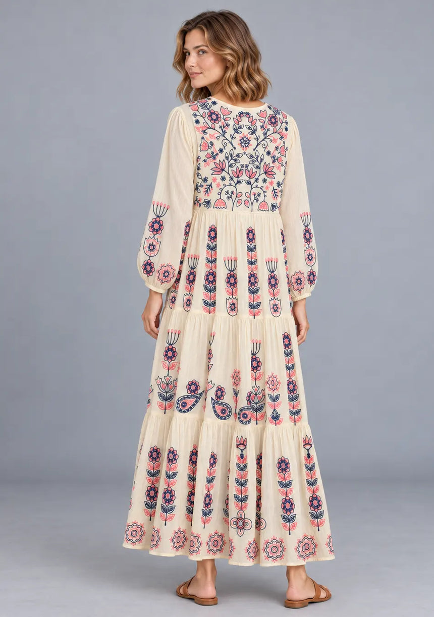 ibBan Cotton Floral Embroidery Long Dress - Riza