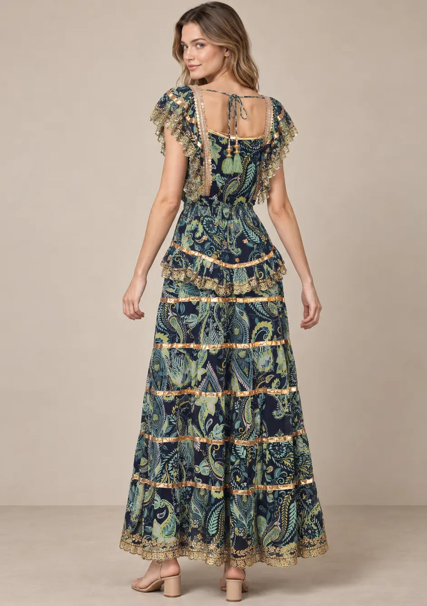 ibBan Cotton Georgette Floral Tiered Long Dress - Huma