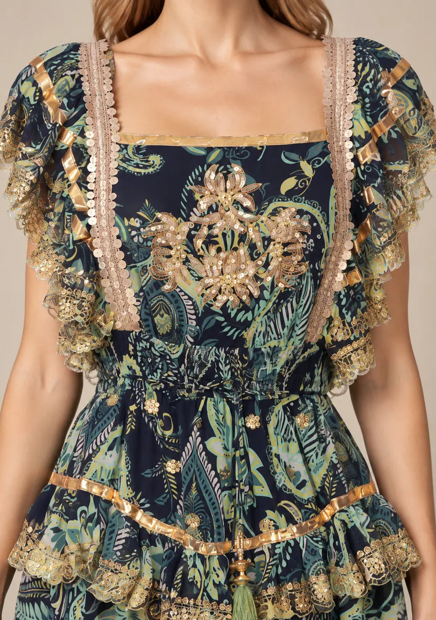 ibBan Cotton Georgette Floral Tiered Long Dress - Huma