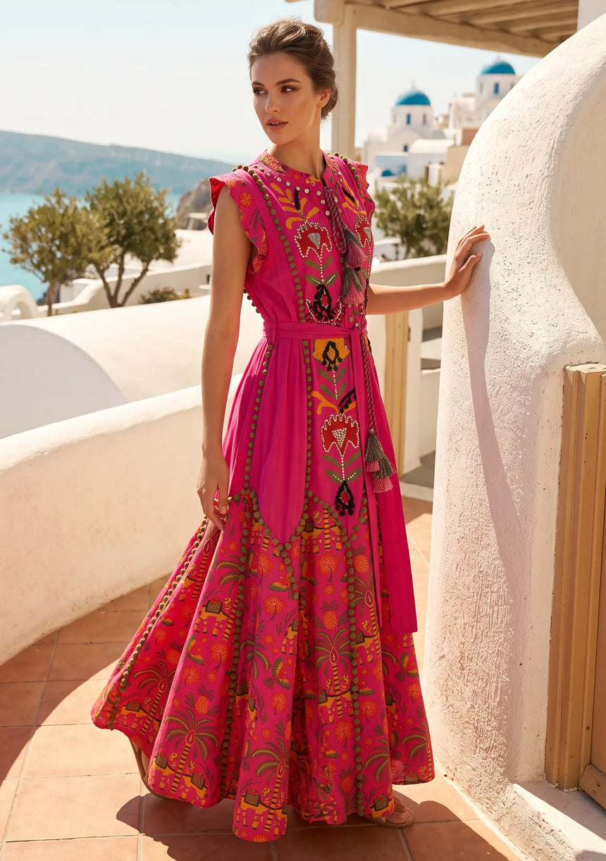 ibBan Hand-Embroidered Cotton Long Dress with Elephant Print - Yamna