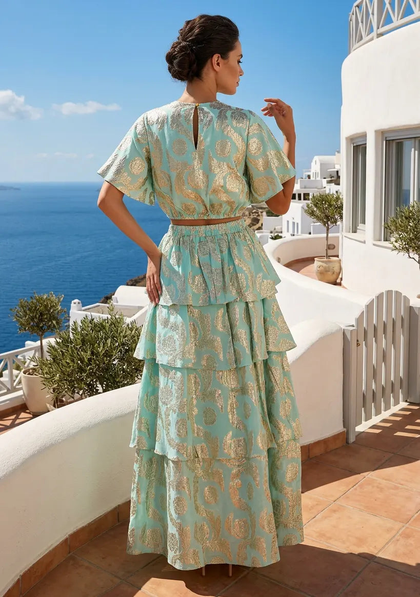 ibBan Lurex Skirt & Blouse Set with Hand Embroidery | Luxury Resort - Lurex Skirt Blouse