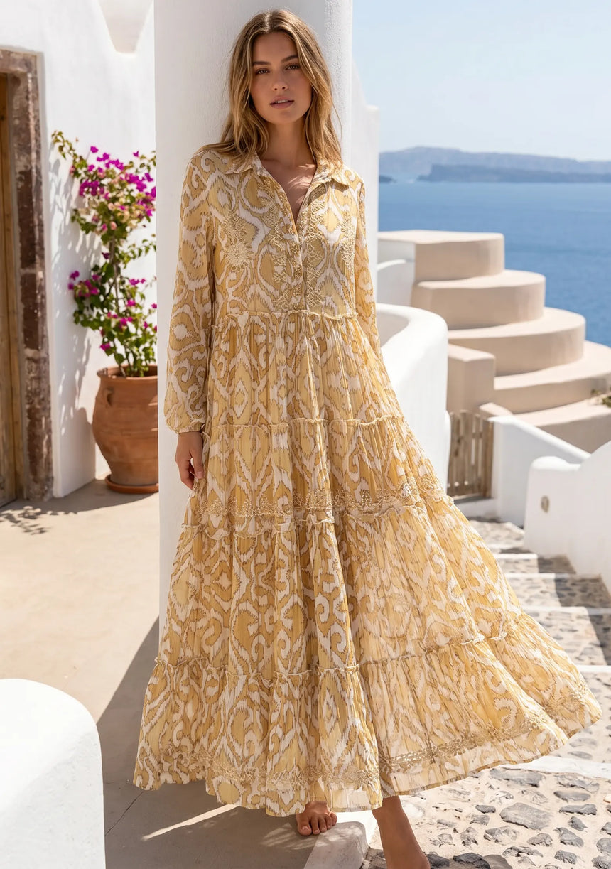 ibBan Printed Cotton Collar Dress with Hand Embroidery - Greeta