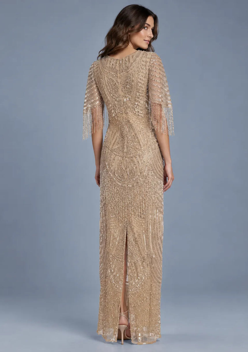 ibBan Women’s Long Dress with Hand Beadwork & Fringe Sleeves - Esmi