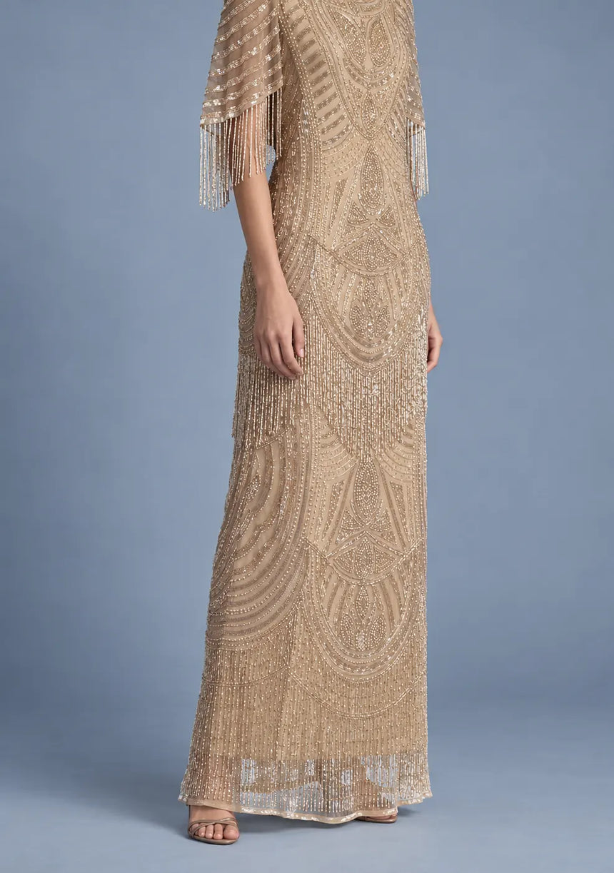 ibBan Women’s Long Dress with Hand Beadwork & Fringe Sleeves - Esmi