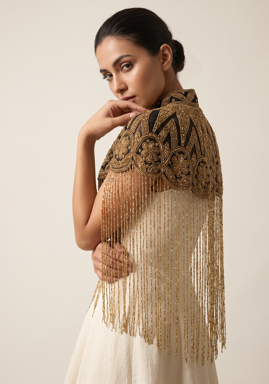 ibBan Silver & Gold Beaded Net Neck Party Cape - Lulwa