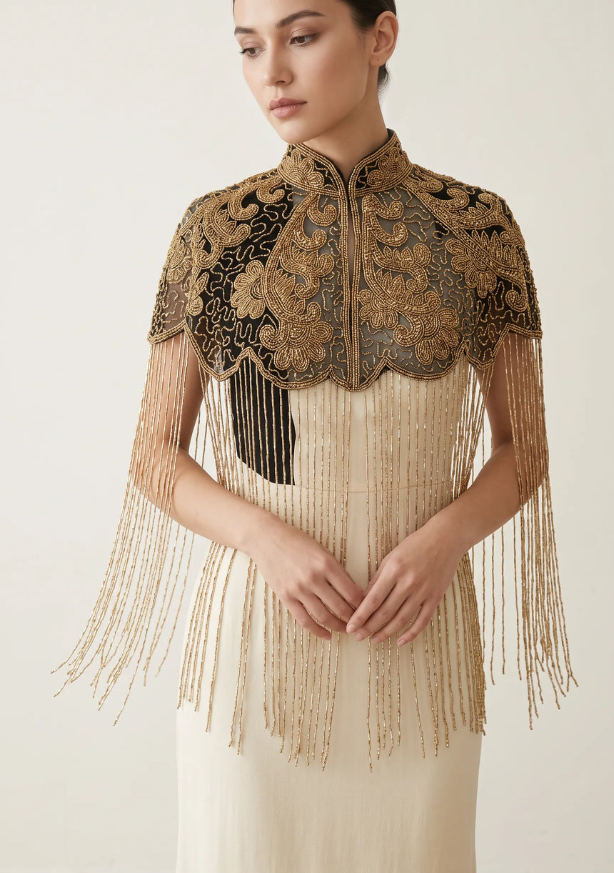 ibBan Beaded Net Neck Cape with Fringe - Gihna