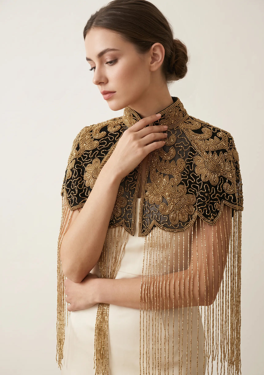 ibBan Beaded Net Neck Cape with Fringe - Gihna