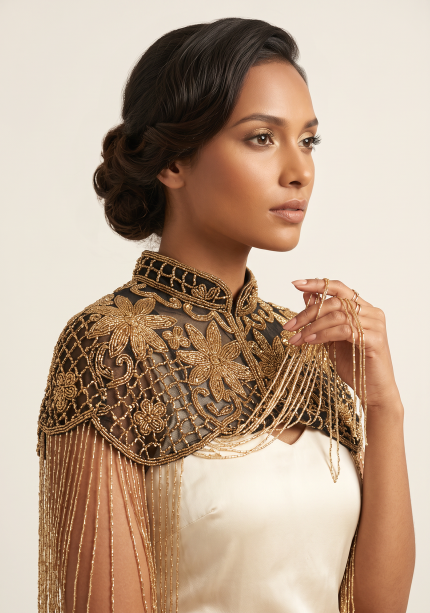 Beaded Net Neck Cape with Fringe - Misk
