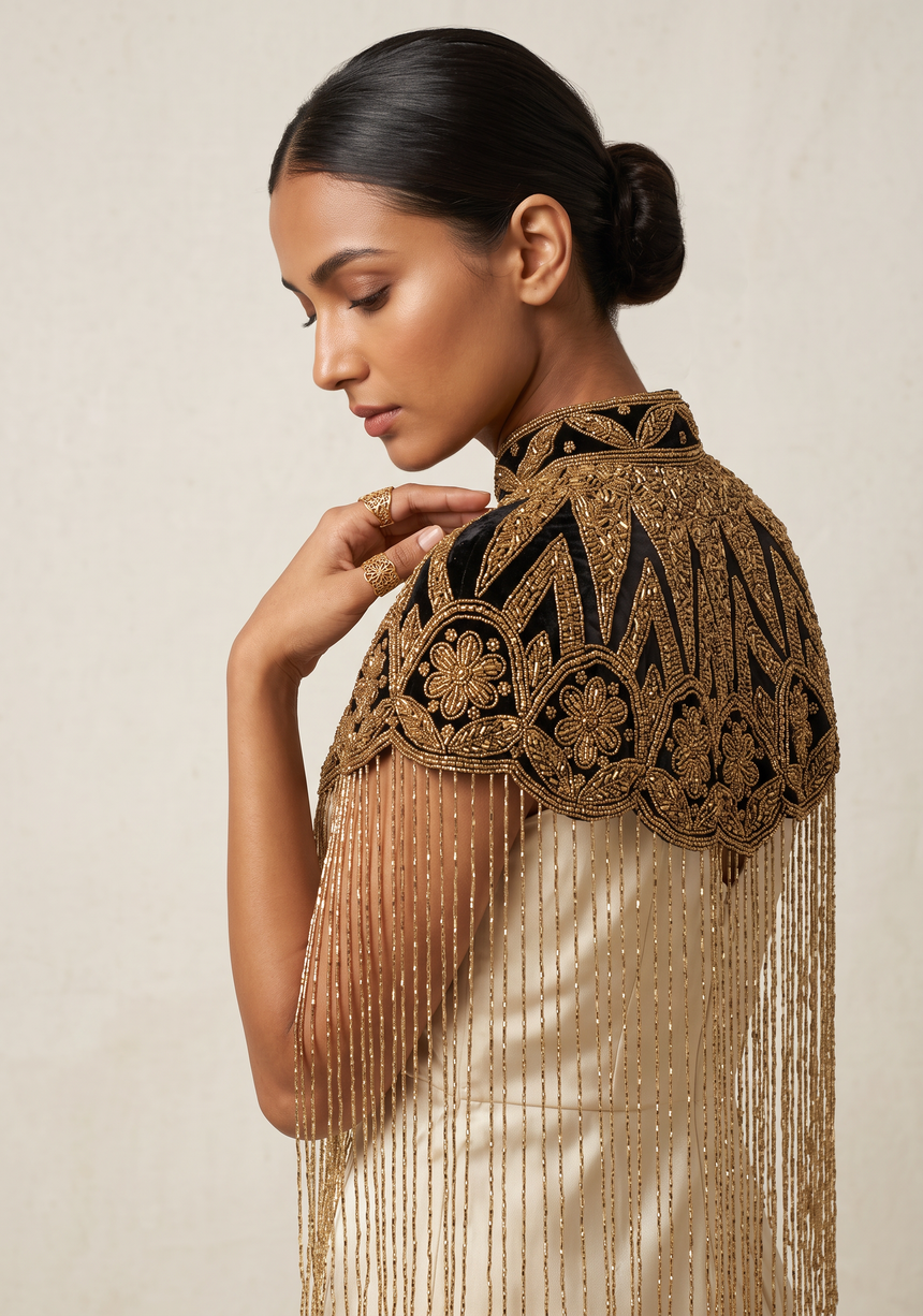ibBan Silver & Gold Beaded Net Neck Party Cape - Lulwa