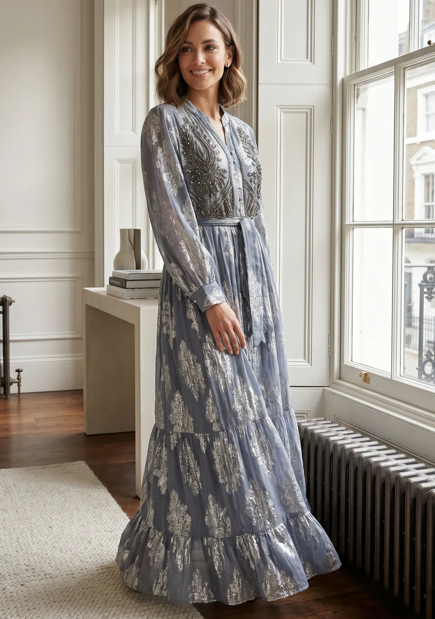 ibBan Hand Embroidered Cotton Lurex Long Tunic | Luxury Dress - Varsha