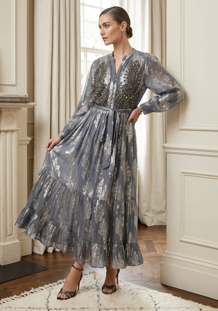 ibBan Hand Embroidered Cotton Lurex Long Tunic | Luxury Dress - Varsha