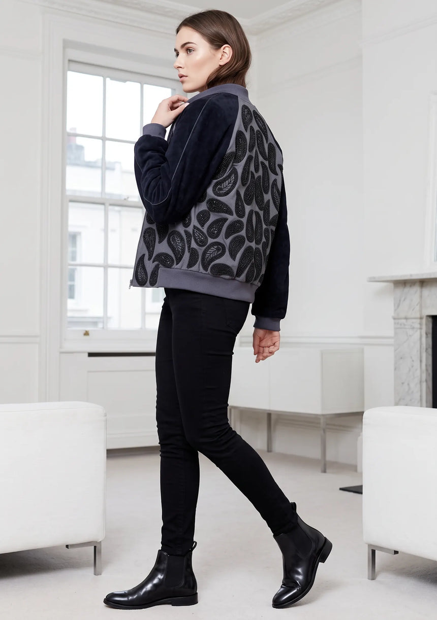 ibBan Women's Winter Leather Sleeve Jacket | Hand Embroidered Designer Bomber -Paisley jacket
