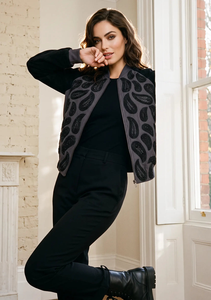 ibBan Women's Winter Leather Sleeve Jacket | Hand Embroidered Designer Bomber -Paisley jacket