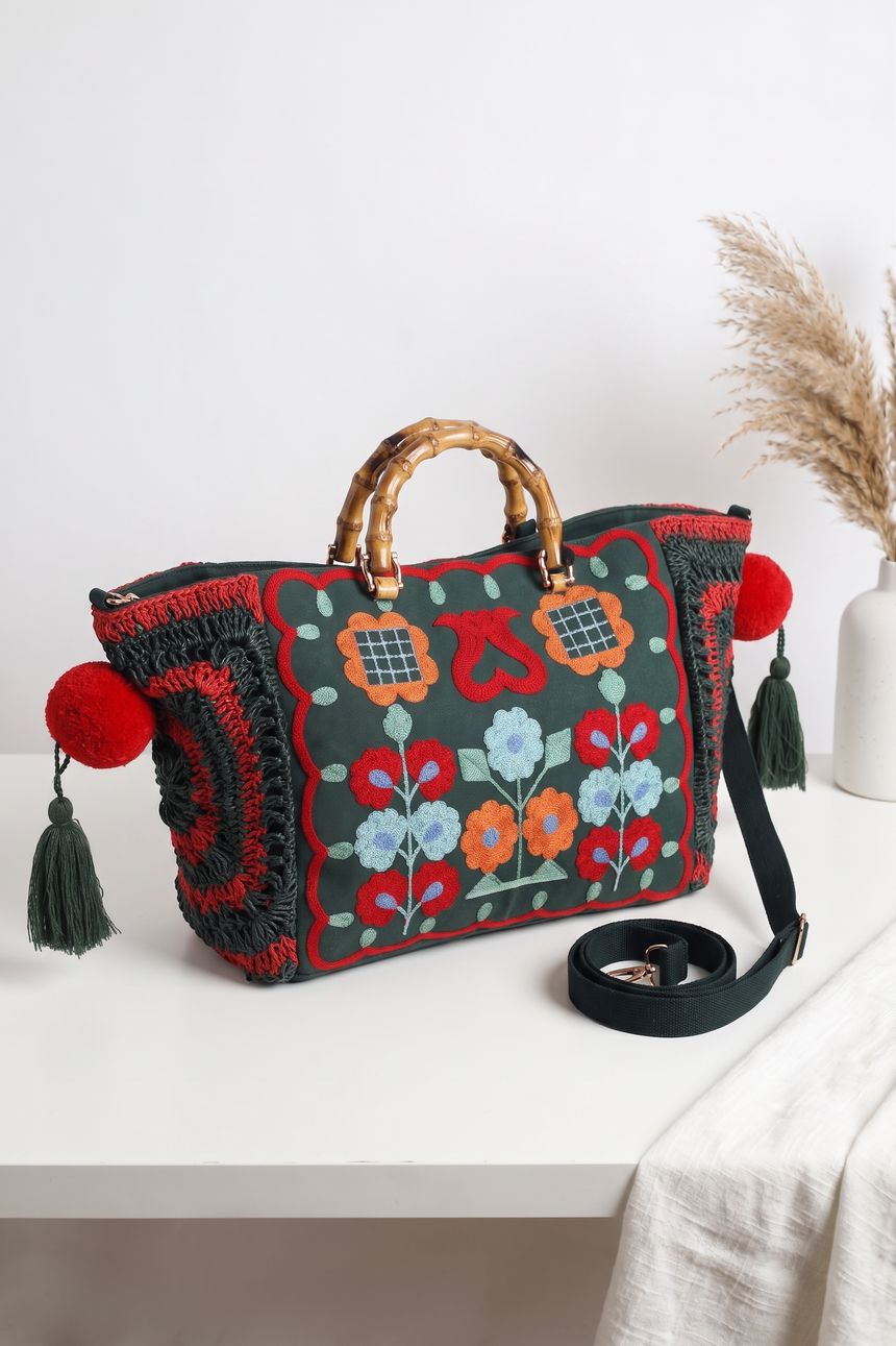 Ibban Green Hand Embroidered Canvas Cabas Bag - Zara