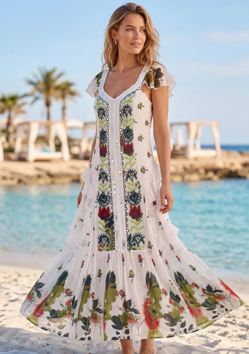 Vestido Maxi de Algodón con Cuello Drapeado para Mujer - Naira