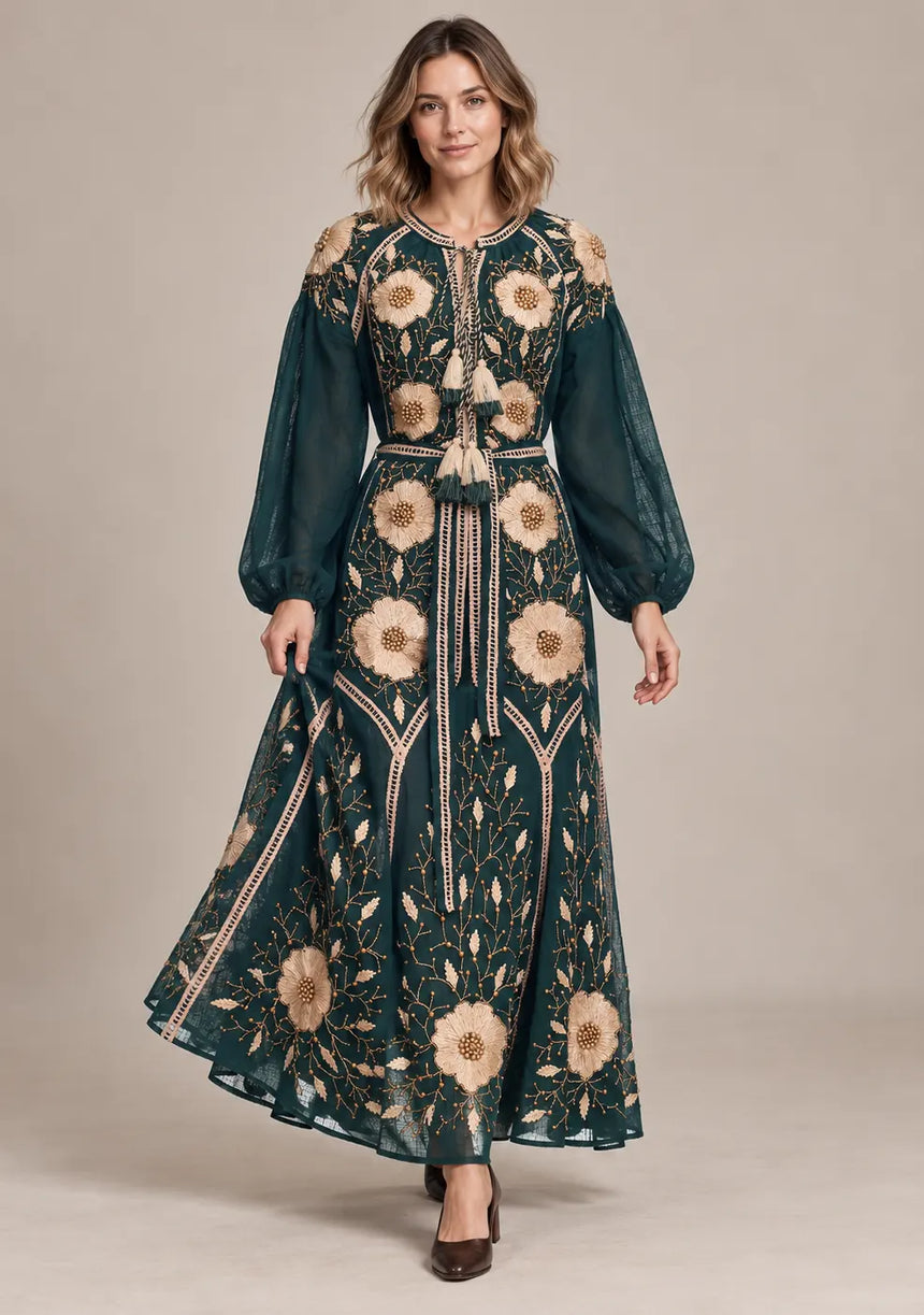 ibBan Floral Embroidered Cotton Long Dress - Johri