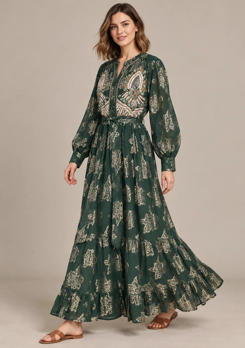 ibBan Embellished Lurex Long Dress with Metallic - Varsha