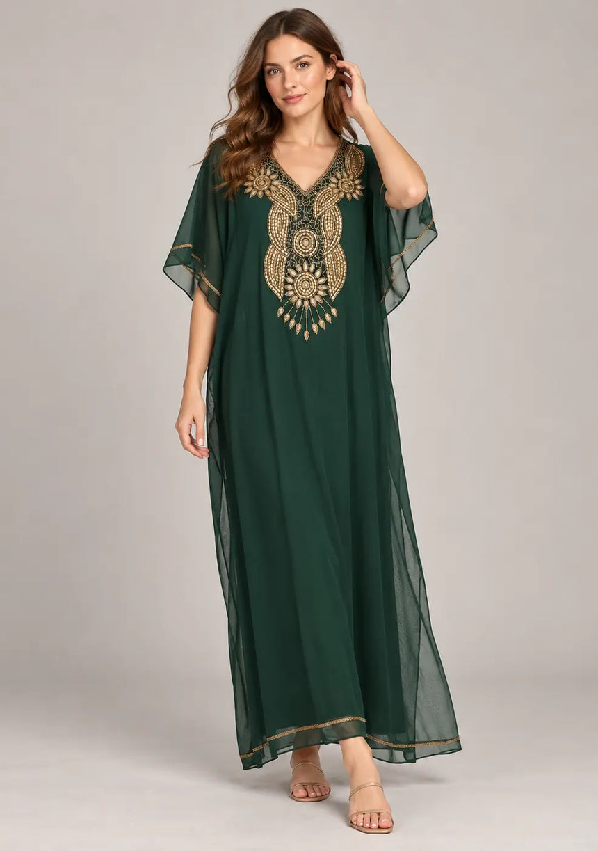 ibBan Women’s Hand Embroidered Georgette Kaftan Dress -Zarnish