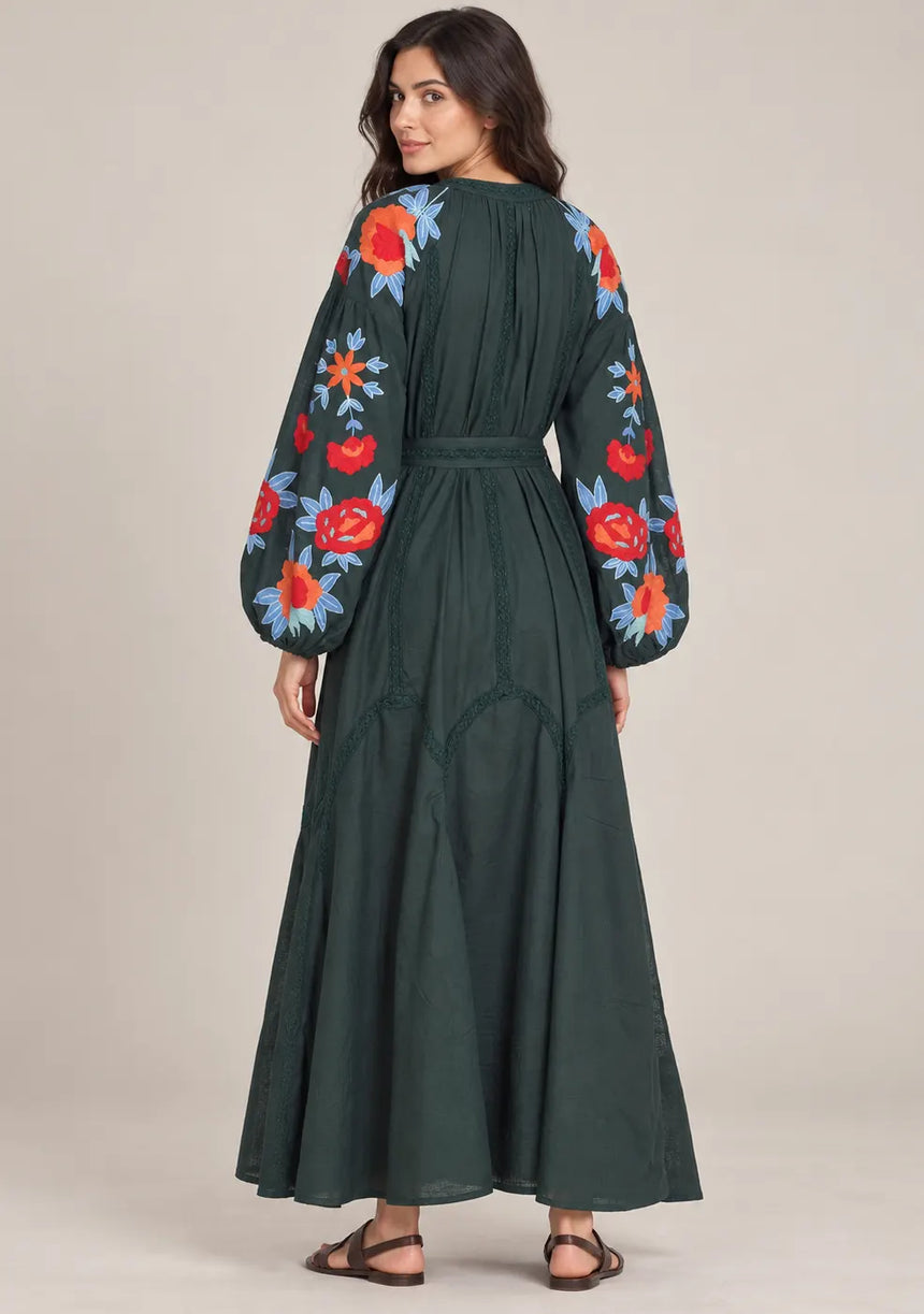ibBan Floral Embroidered Cotton Maxi Dress with Tassel Tie - Gypsy