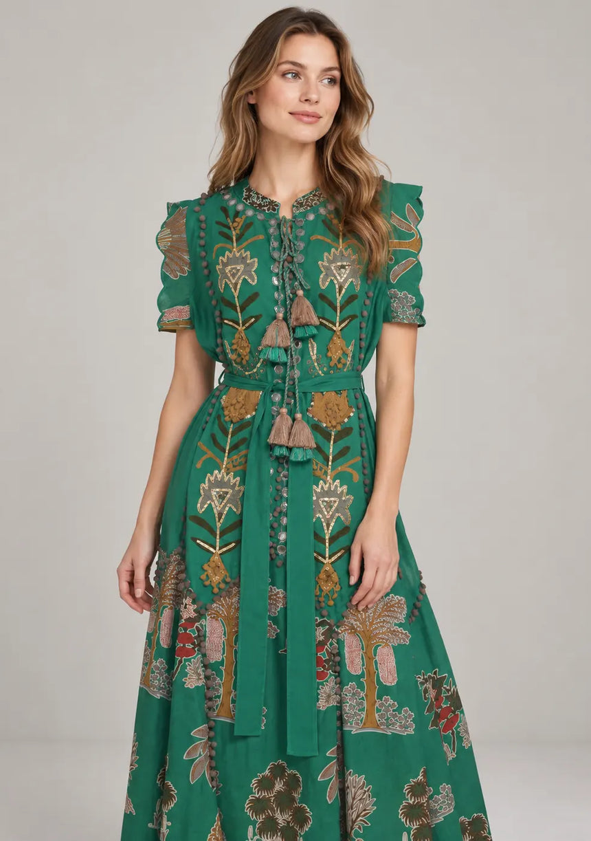 ibBan Hand-Embroidered Cotton Maxi Dress with Botanical Print -Ruzaan