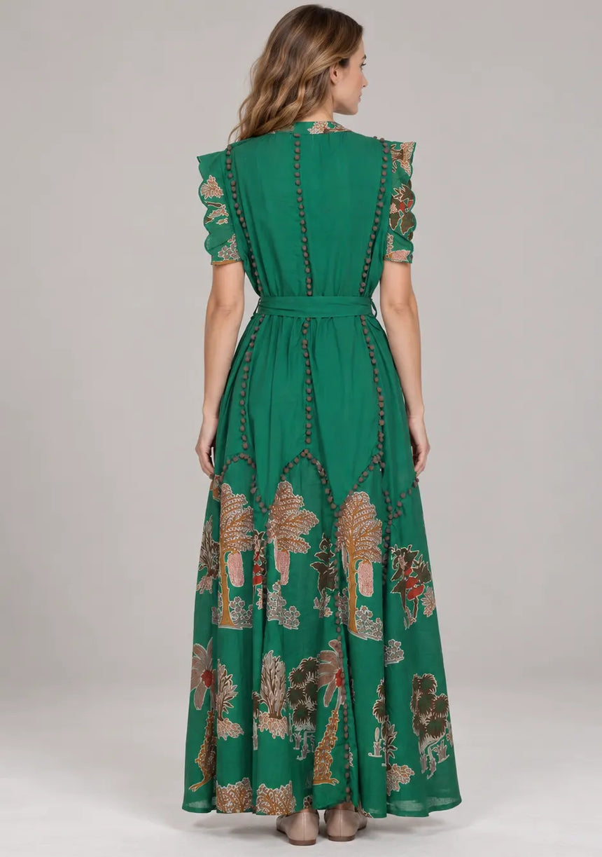 ibBan Hand-Embroidered Cotton Maxi Dress with Botanical Print -Ruzaan