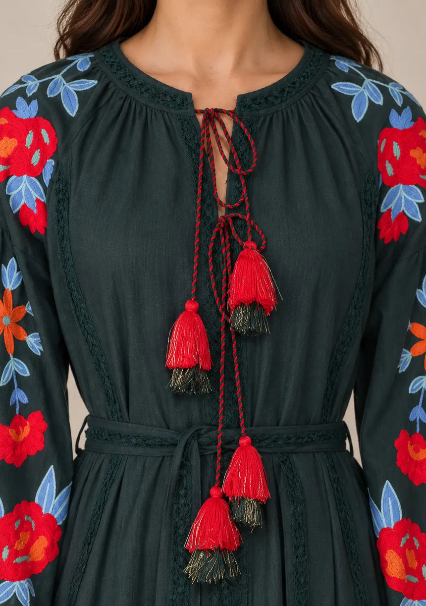 ibBan Floral Embroidered Cotton Maxi Dress with Tassel Tie - Gypsy