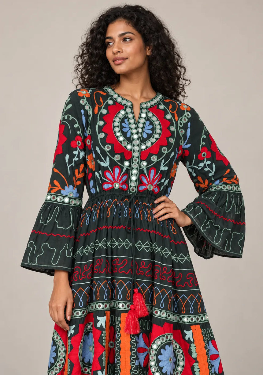 ibBan Embroidered Cotton Long Tunic with Tassel Tie - Hami