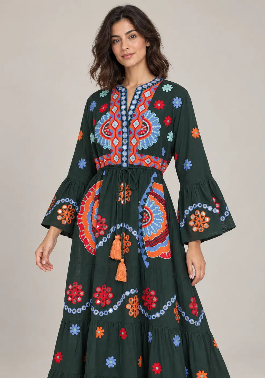 ibBan Embroidered Cotton Long Tunic Dress with Tassel Tie - Sara