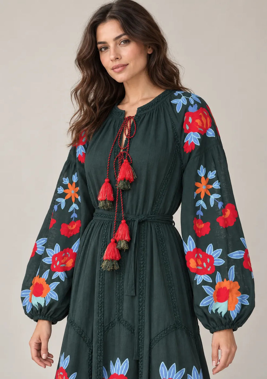 ibBan Floral Embroidered Cotton Maxi Dress with Tassel Tie - Gypsy