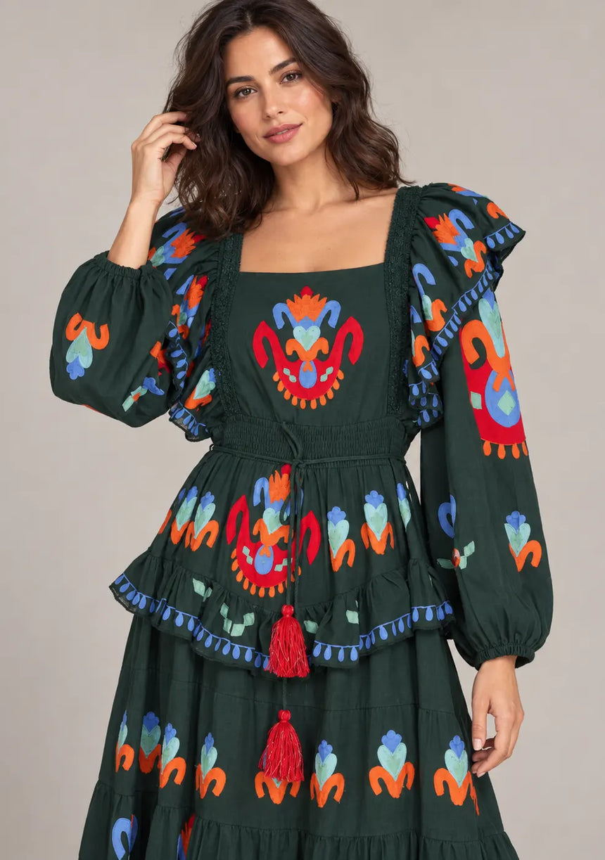 ibBan Printed Cotton Long Dress with Ruffle - Sona