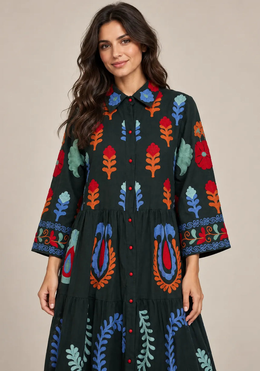 ibBan Embroidered Cotton Tiered Shirt Collor Tunic - Ambir