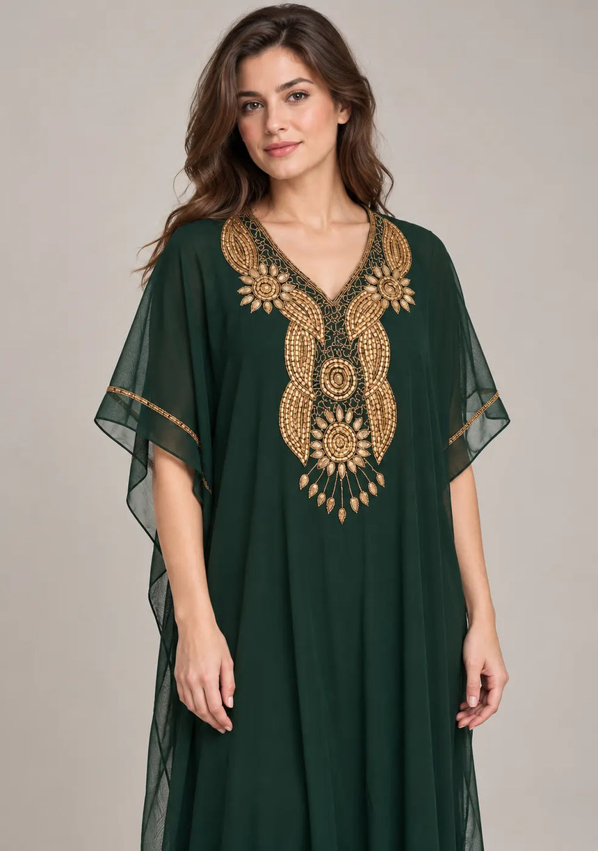 ibBan Women’s Hand Embroidered Georgette Kaftan Dress -Zarnish